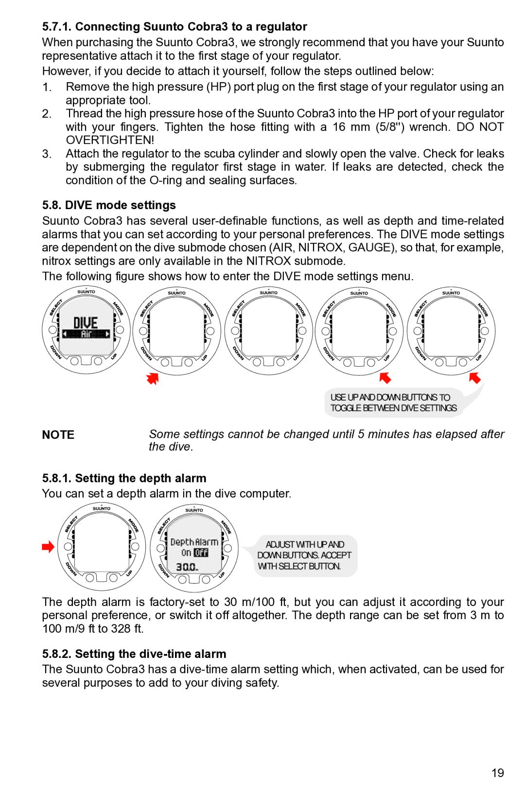 Suunto None manual Connecting Suunto Cobra3 to a regulator, Dive mode settings, Setting the depth alarm 