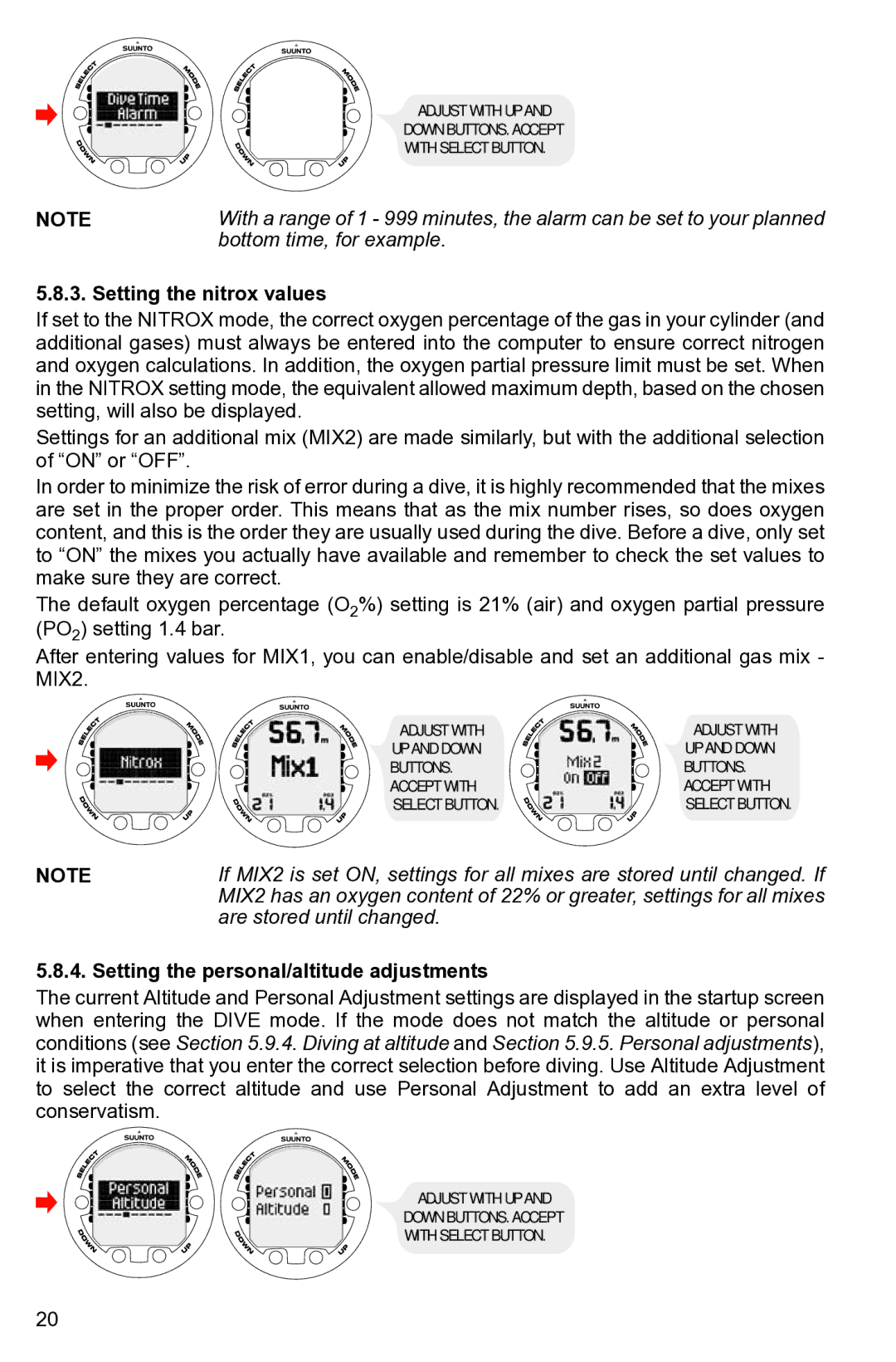 Suunto None manual Bottom time, for example, Setting the nitrox values, Are stored until changed 