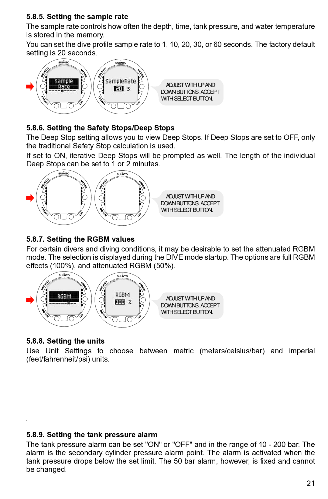 Suunto None manual Setting the sample rate, Setting the Safety Stops/Deep Stops, Setting the Rgbm values 