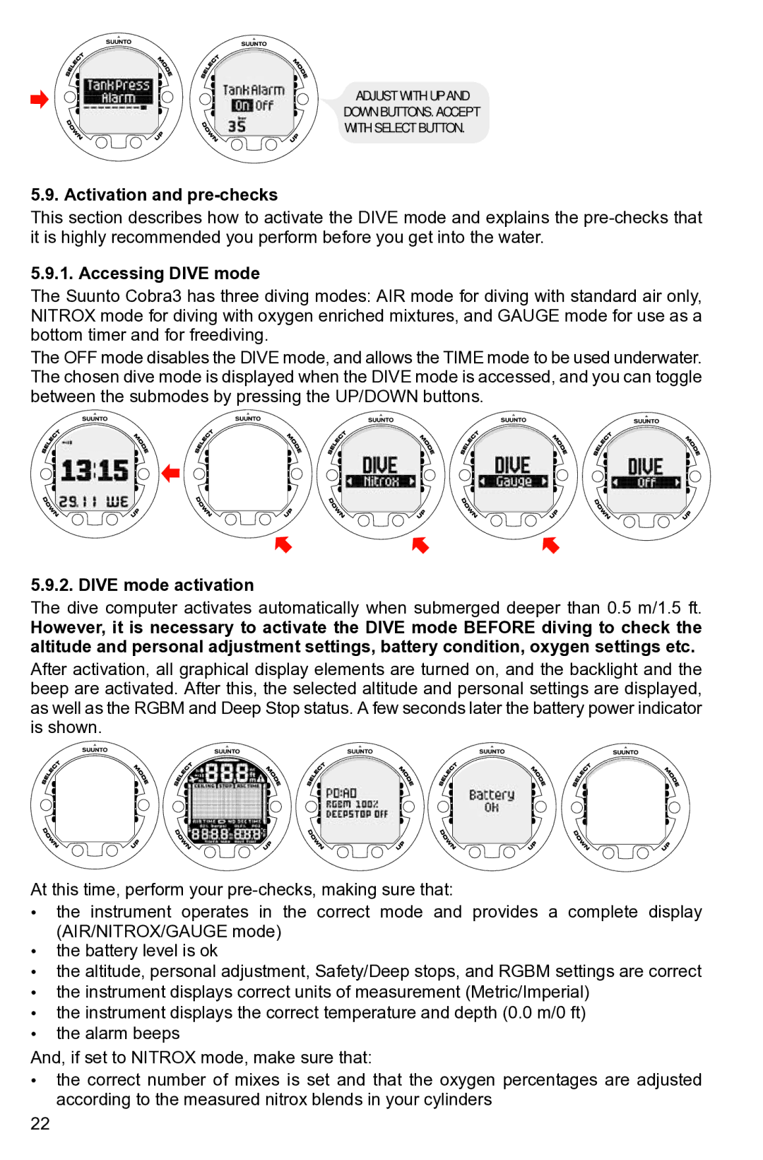 Suunto None manual Activation and pre-checks, Accessing Dive mode, Dive mode activation 