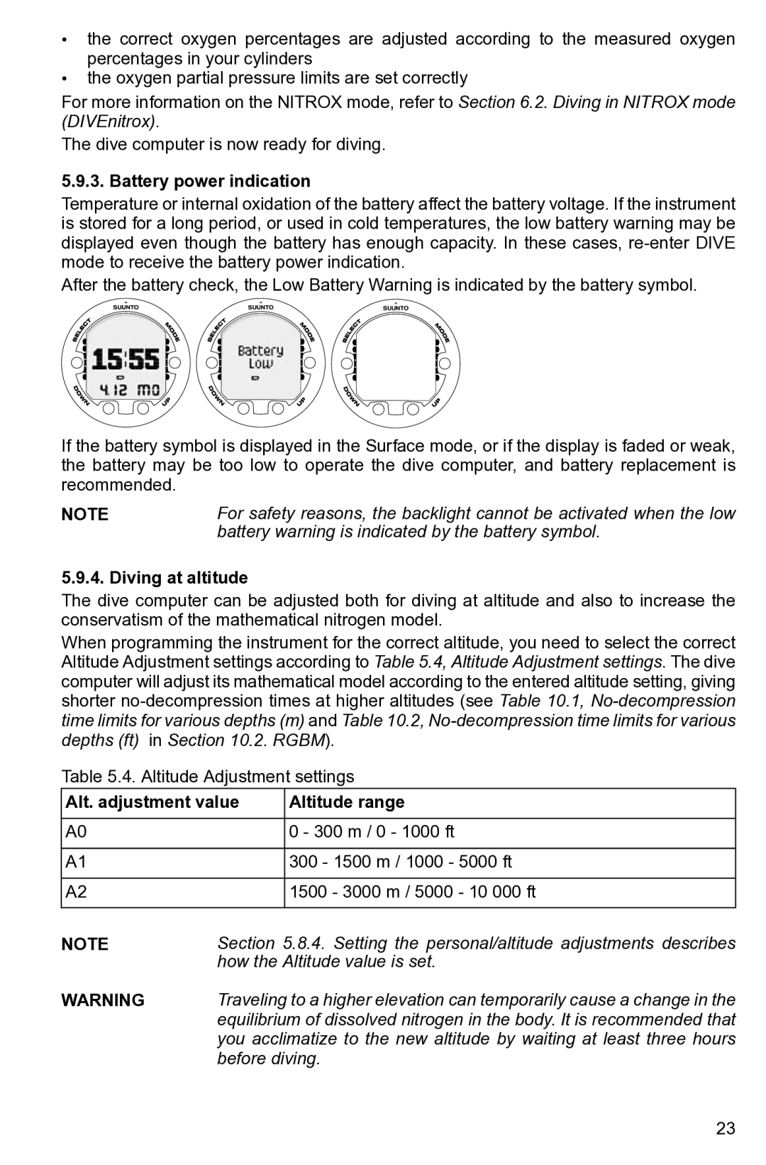 Suunto None manual Battery power indication, Diving at altitude, Alt. adjustment value Altitude range, Before diving 