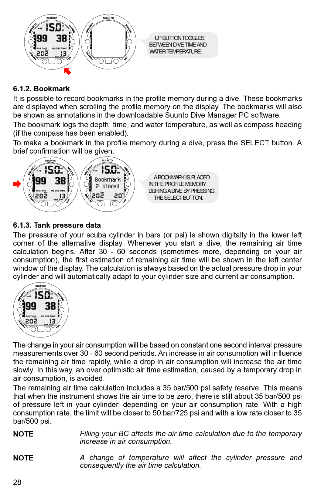 Suunto None manual Bookmark, Tank pressure data 