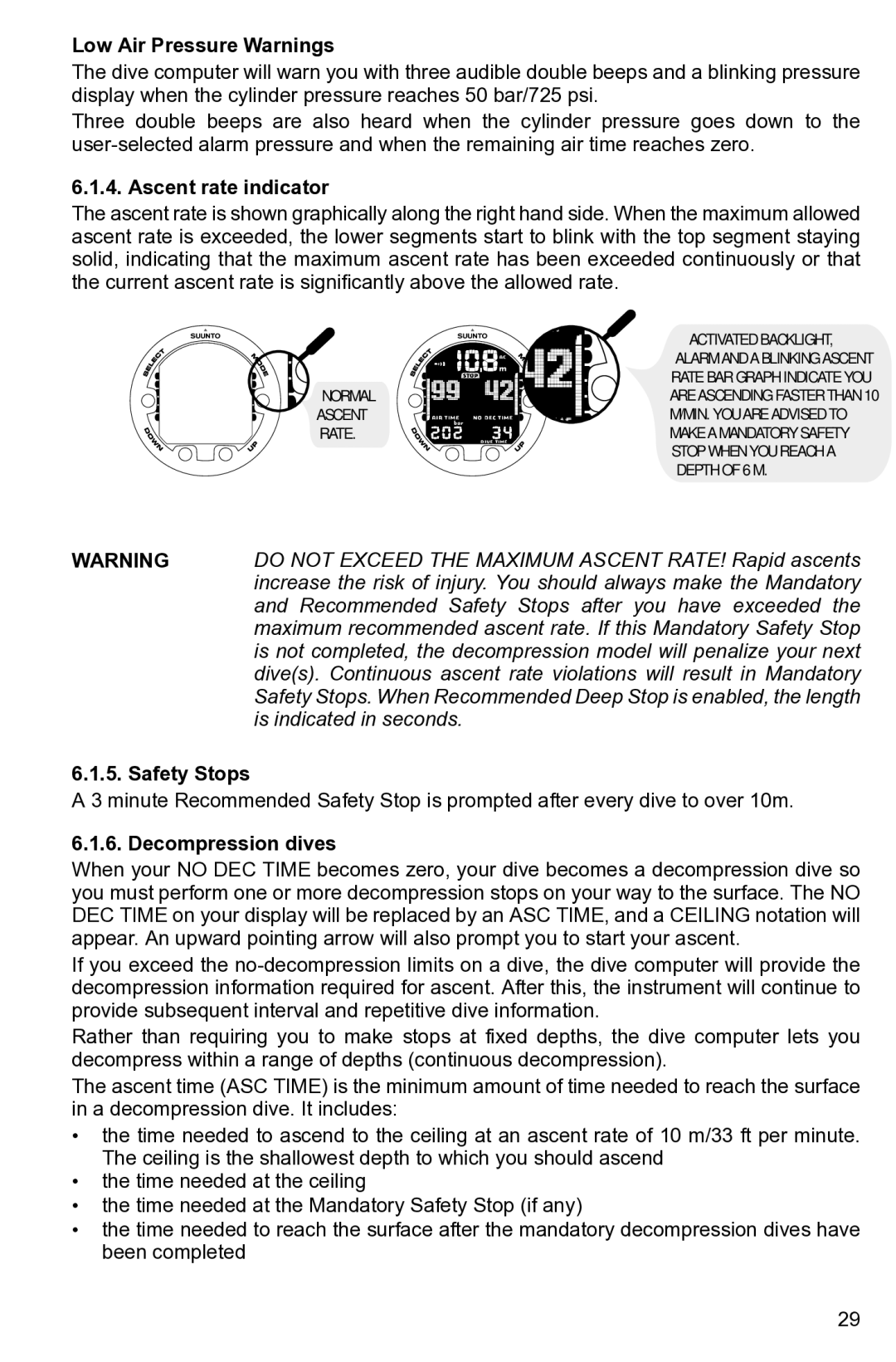 Suunto None manual Low Air Pressure Warnings, Ascent rate indicator, Decompression dives 