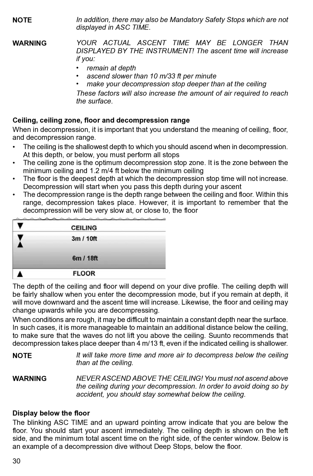 Suunto None manual Ceiling, ceiling zone, floor and decompression range, Display below the floor 