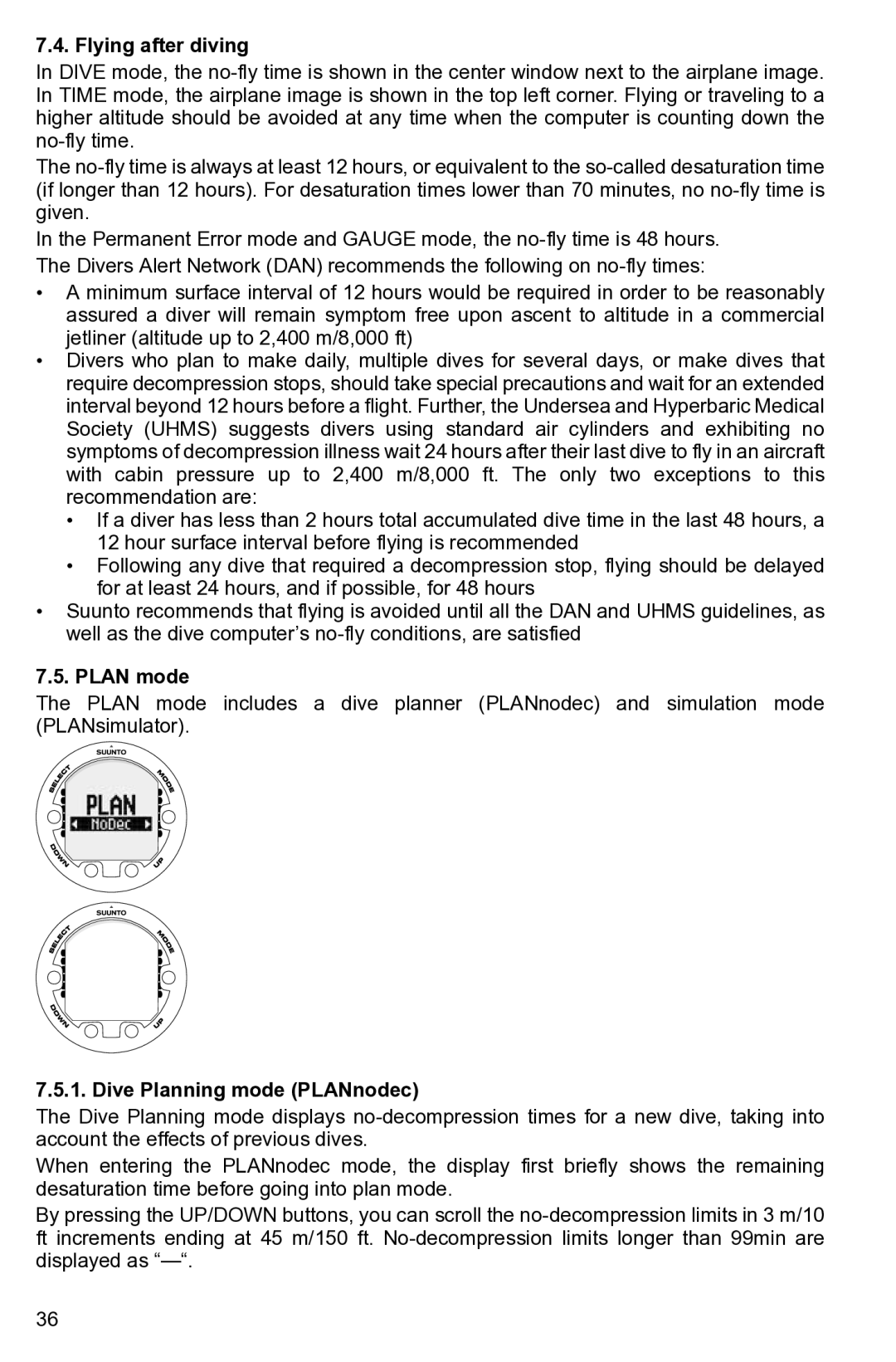 Suunto None manual Flying after diving, Plan mode, Dive Planning mode PLANnodec 