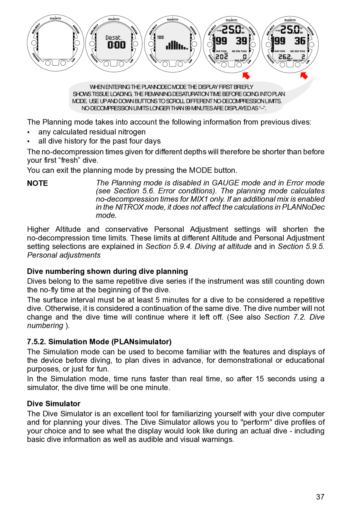 Suunto None manual Dive numbering shown during dive planning, Simulation Mode PLANsimulator, Dive Simulator 