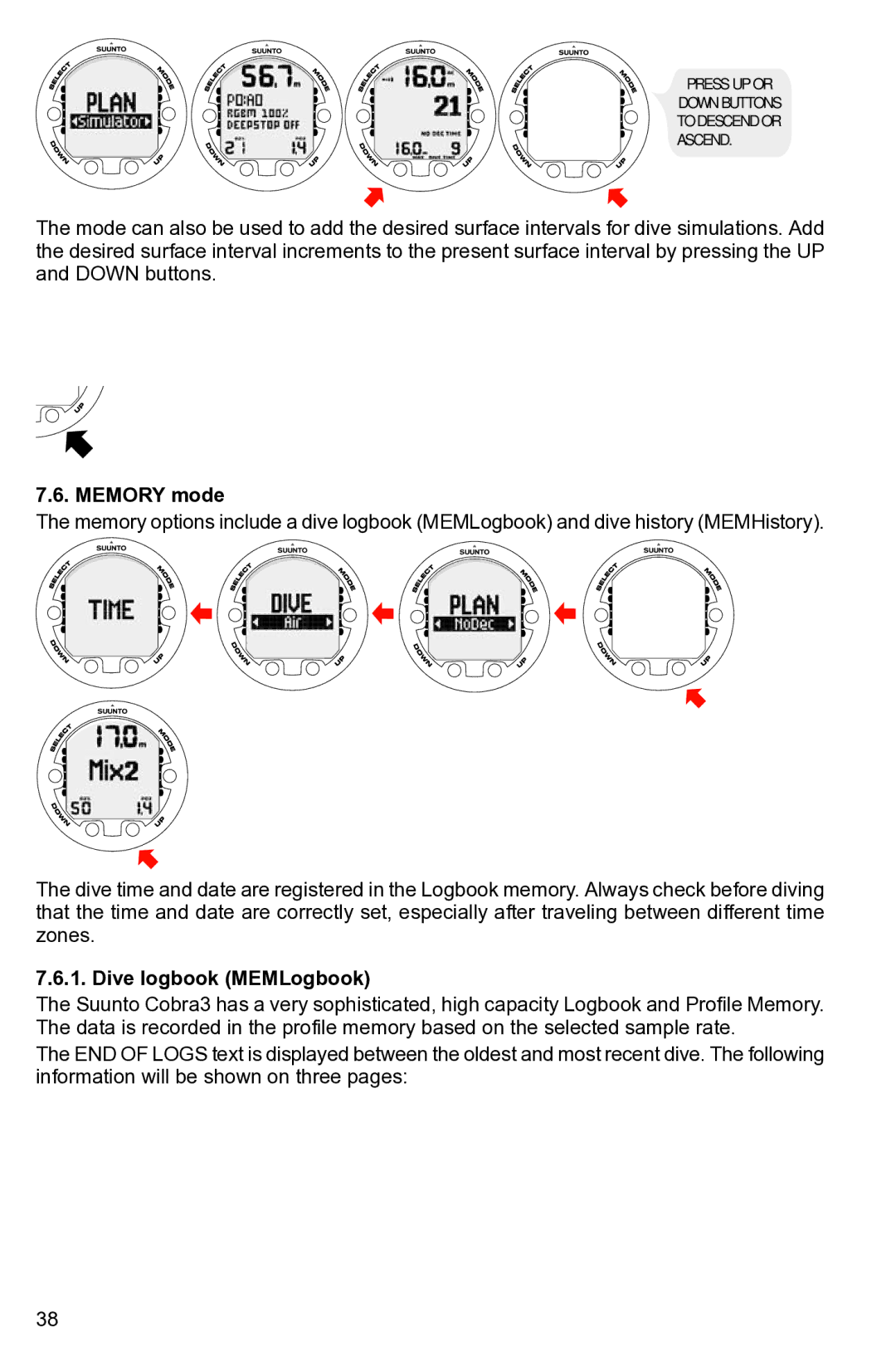 Suunto None manual Memory mode, Dive logbook MEMLogbook 