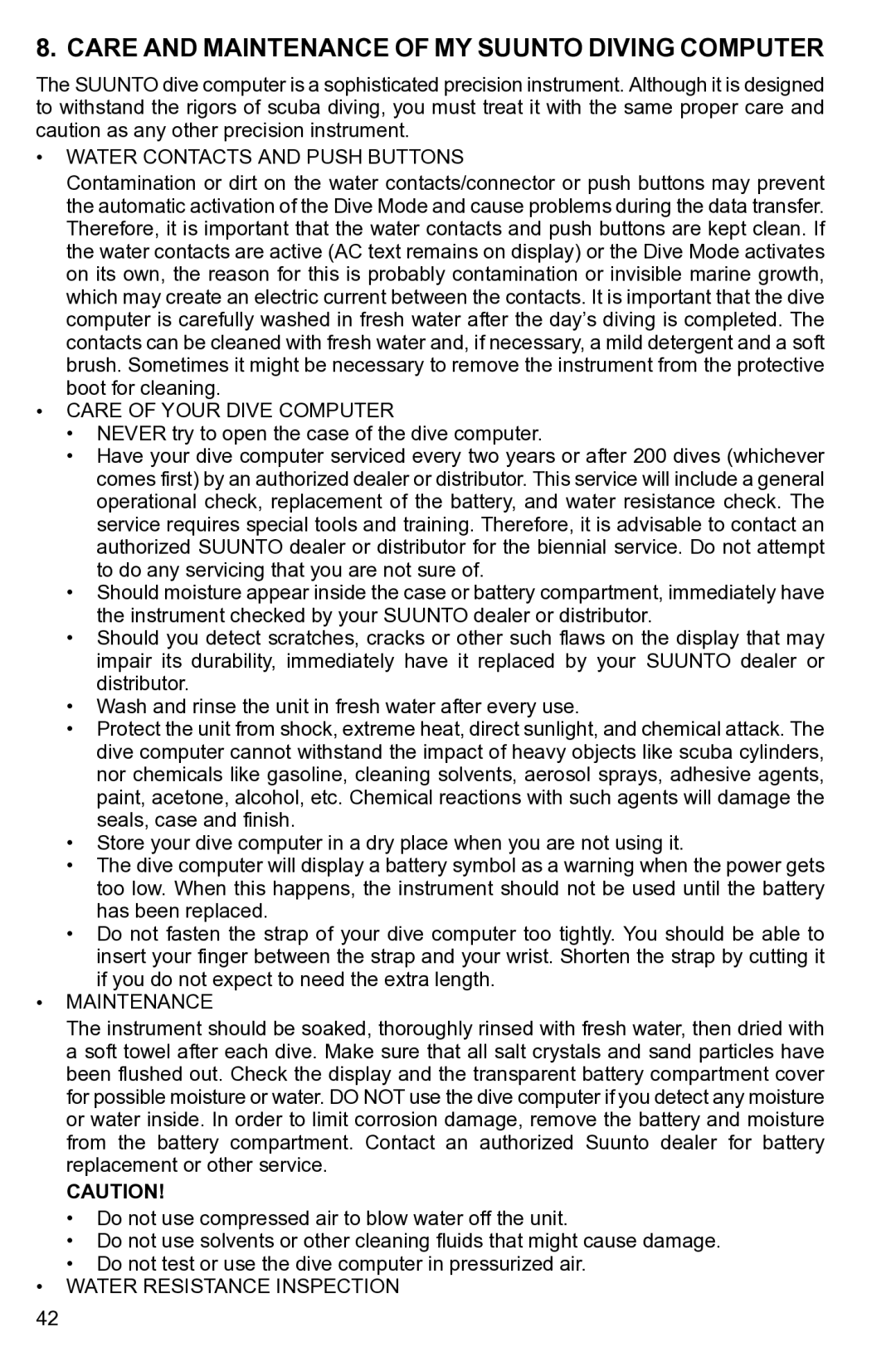 Suunto None manual Care and Maintenance of MY Suunto Diving Computer, Water Contacts and Push Buttons 