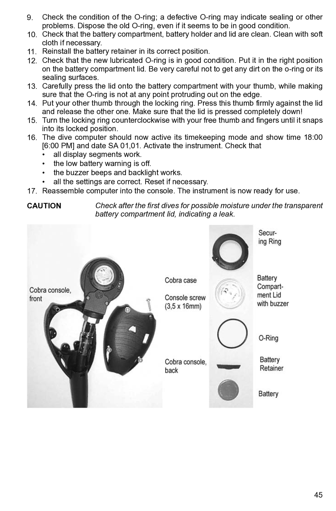 Suunto None manual Battery compartment lid, indicating a leak 