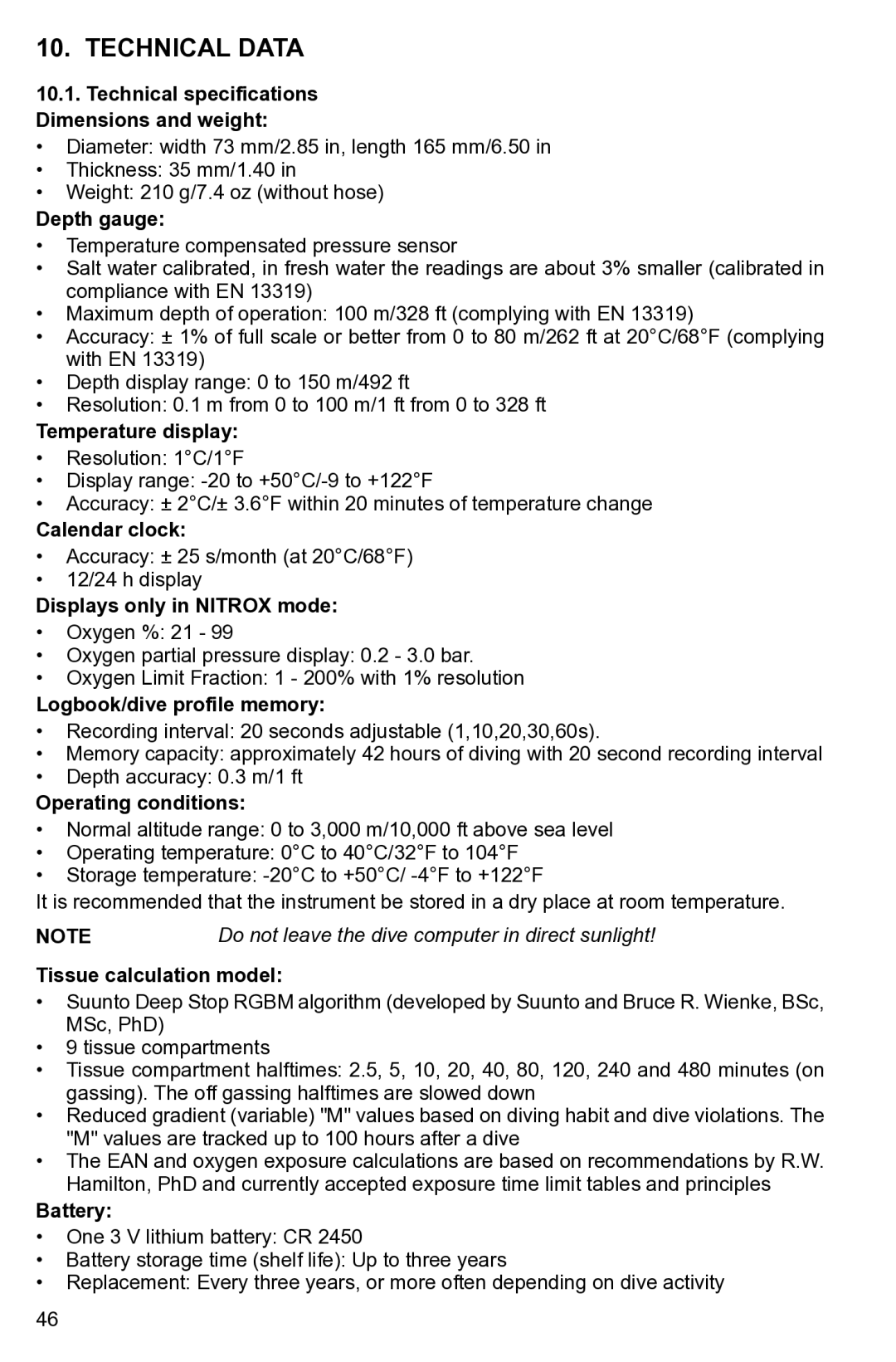 Suunto None manual Technical Data 