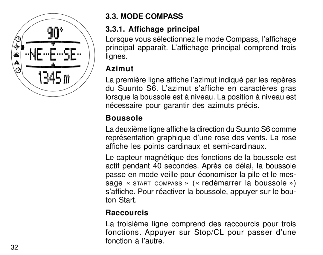 Suunto S6 manual Mode Compass, Azimut, Boussole 