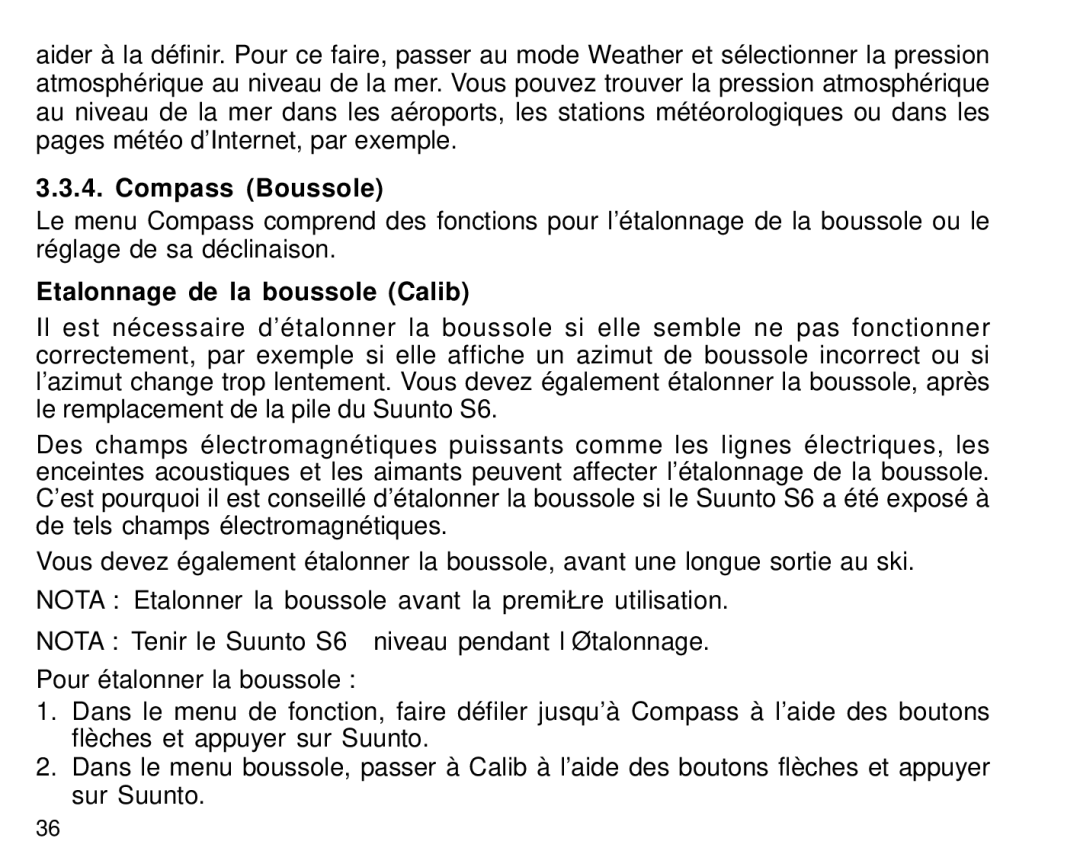 Suunto S6 manual Compass Boussole, Etalonnage de la boussole Calib 