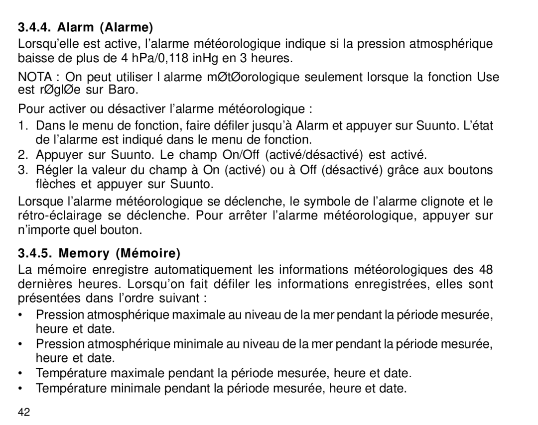 Suunto S6 manual Alarm Alarme, Memory Mémoire 