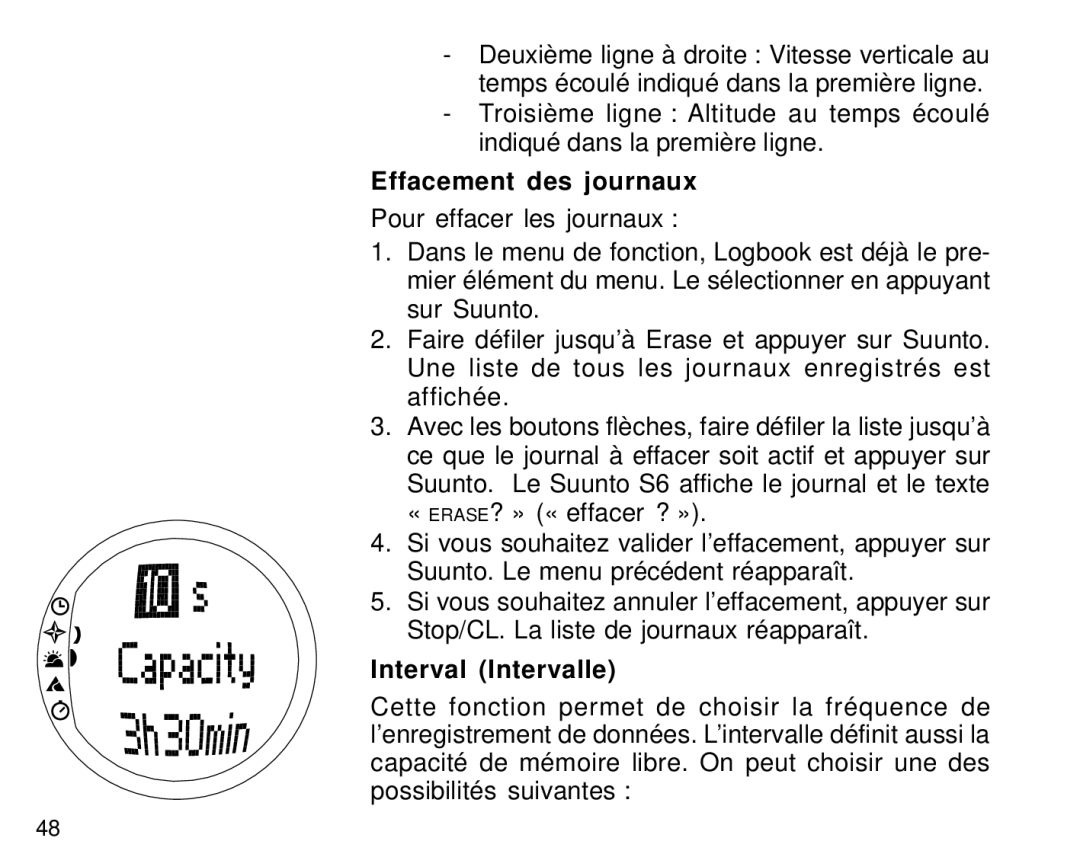 Suunto S6 manual Effacement des journaux, Interval Intervalle 