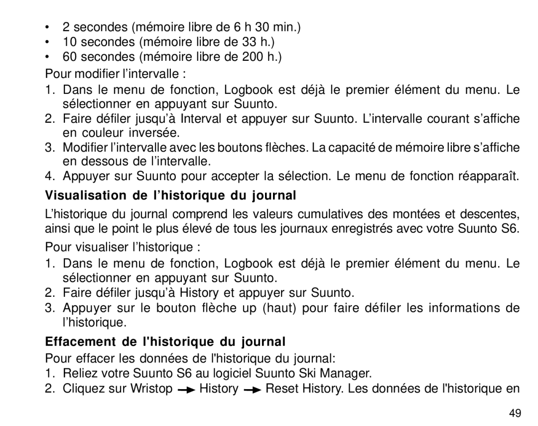 Suunto S6 manual Visualisation de l’historique du journal, Effacement de lhistorique du journal 