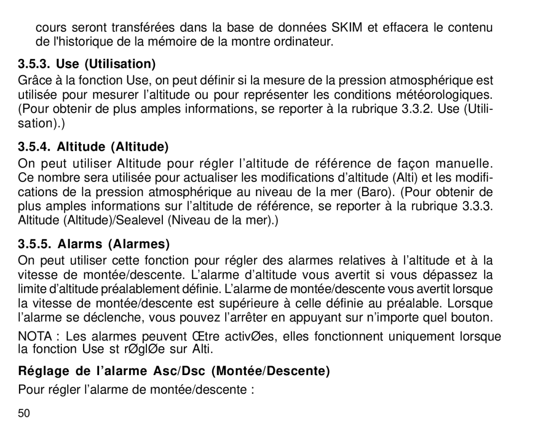 Suunto S6 manual Altitude Altitude, Alarms Alarmes, Réglage de l’alarme Asc/Dsc Montée/Descente 