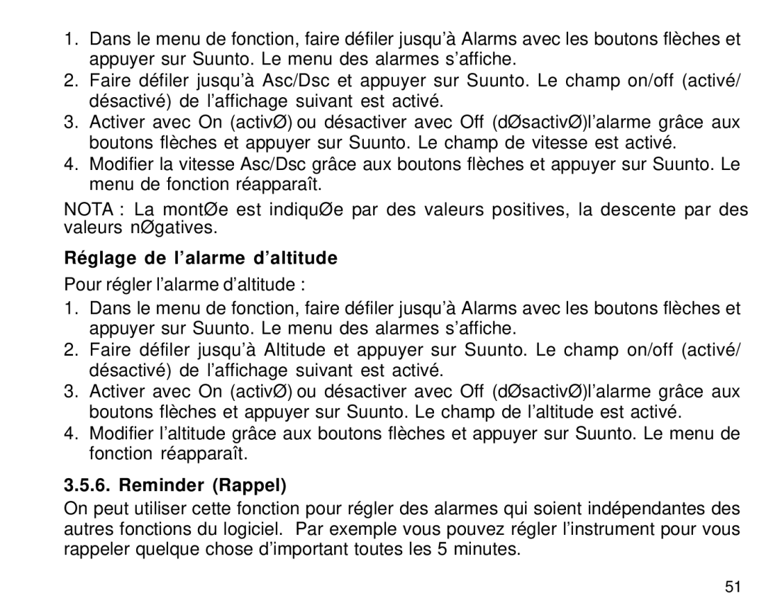 Suunto S6 manual Réglage de l’alarme d’altitude, Reminder Rappel 