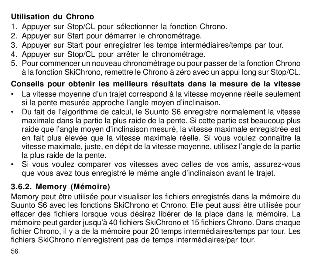 Suunto S6 manual Utilisation du Chrono, Memory Mémoire 