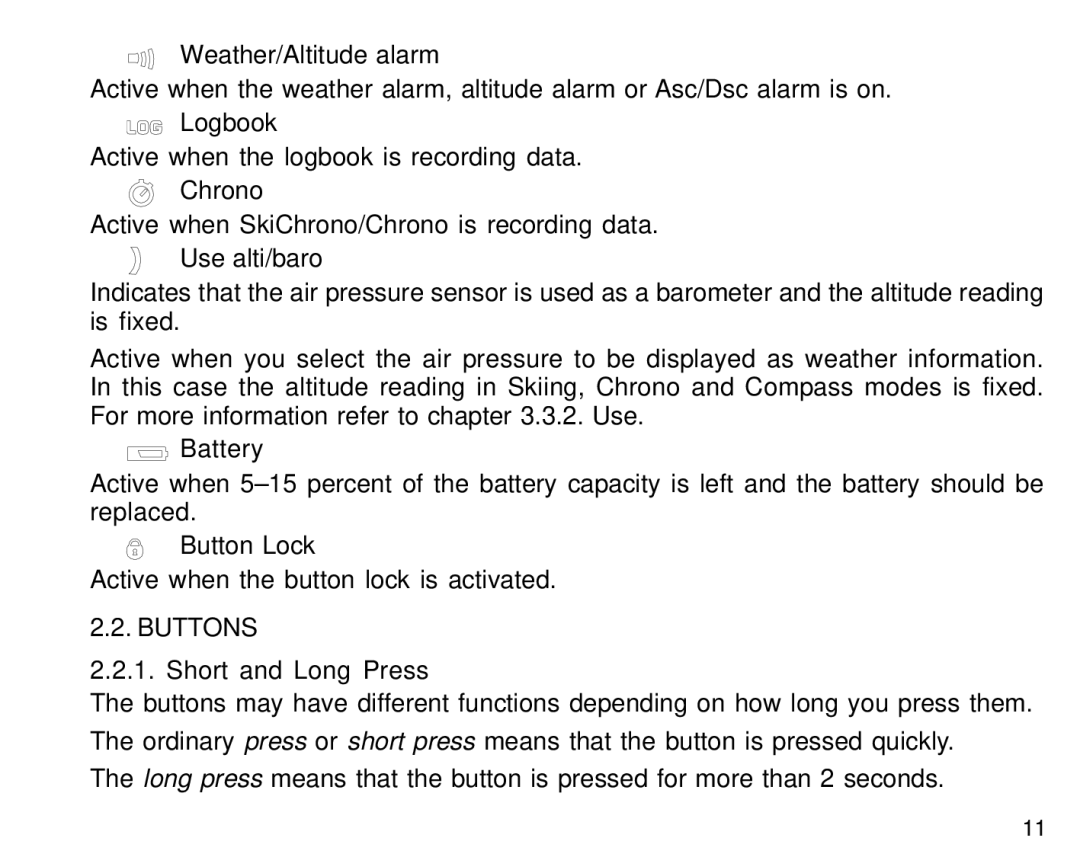 Suunto S6 manual Buttons, Short and Long Press 