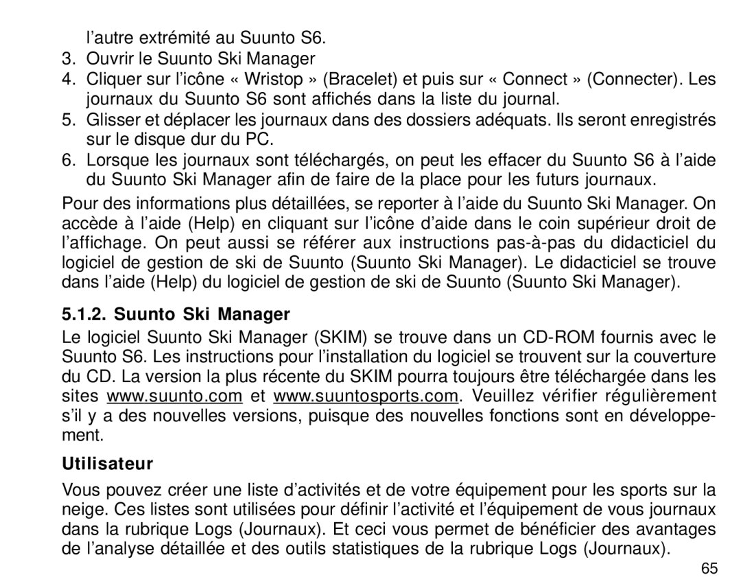 Suunto S6 manual Suunto Ski Manager Utilisateur 