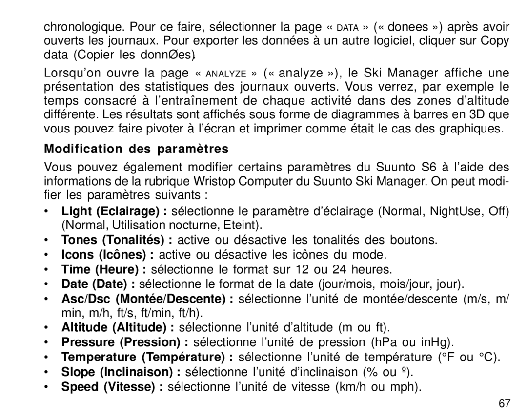 Suunto S6 manual Modification des paramètres 