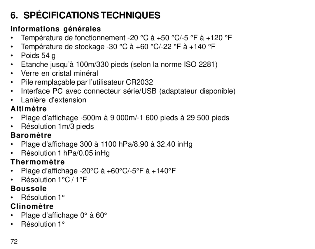 Suunto S6 manual Spécifications Techniques 