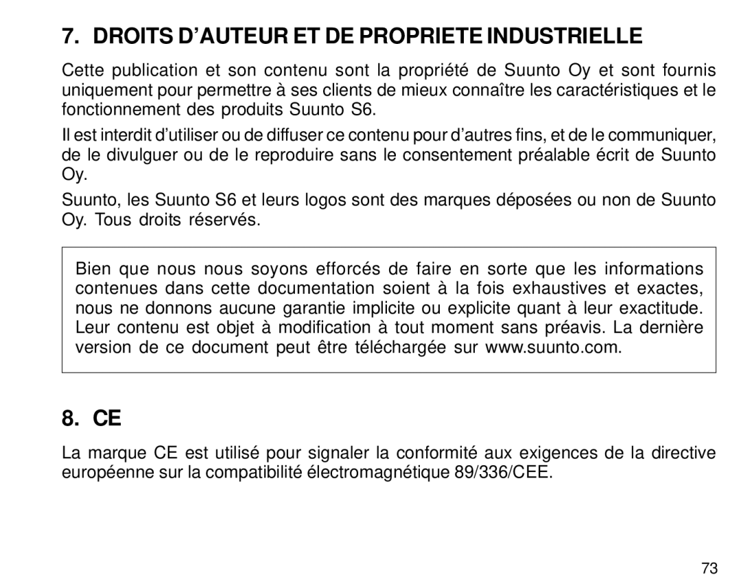 Suunto S6 manual Droits D’AUTEUR ET DE Propriete Industrielle 