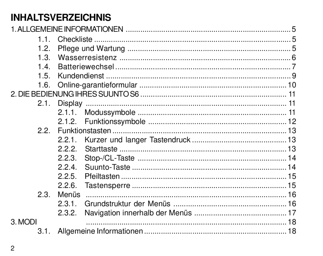 Suunto S6 manual Inhaltsverzeichnis, Modi 