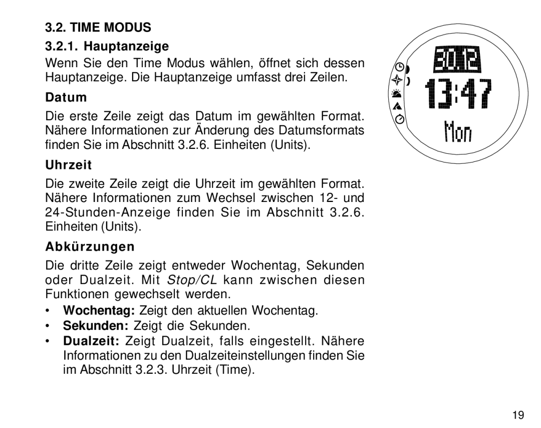 Suunto S6 manual Time Modus, Hauptanzeige, Datum, Uhrzeit, Abkürzungen 