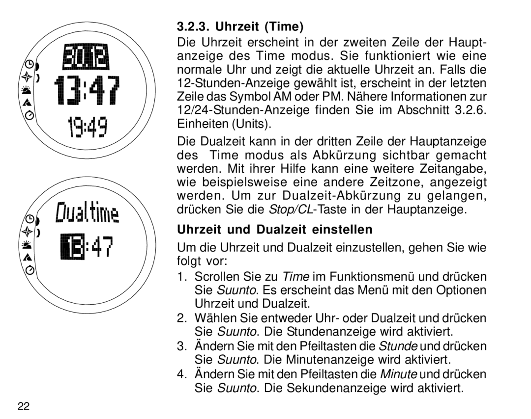 Suunto S6 manual Uhrzeit Time, Uhrzeit und Dualzeit einstellen 