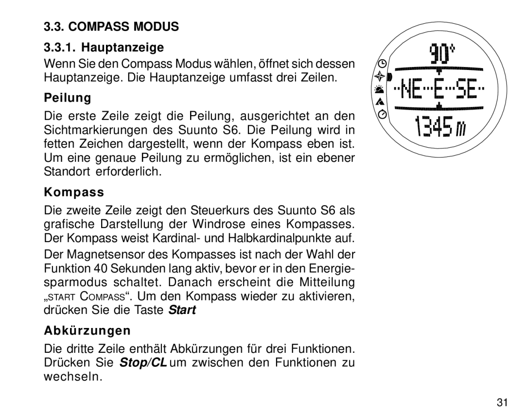 Suunto S6 manual Compass Modus, Peilung, Kompass 