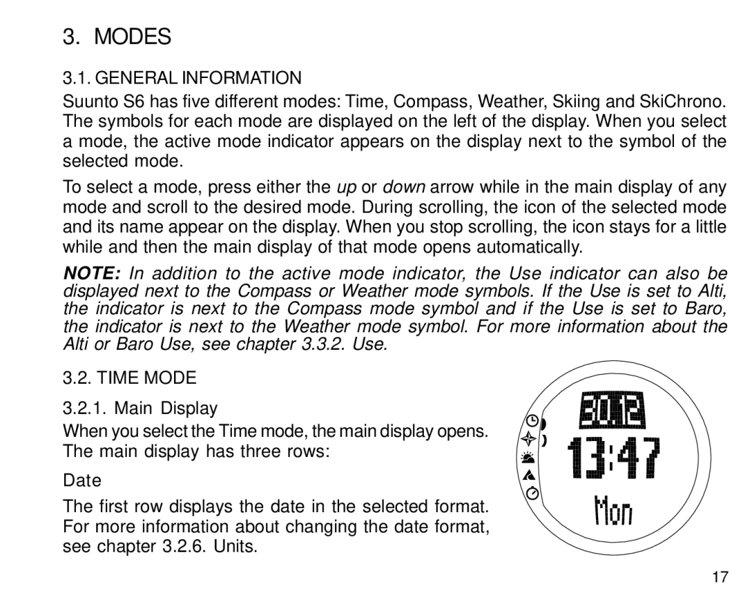 Suunto S6 manual Modes, General Information, Time Mode, Main Display, Date 