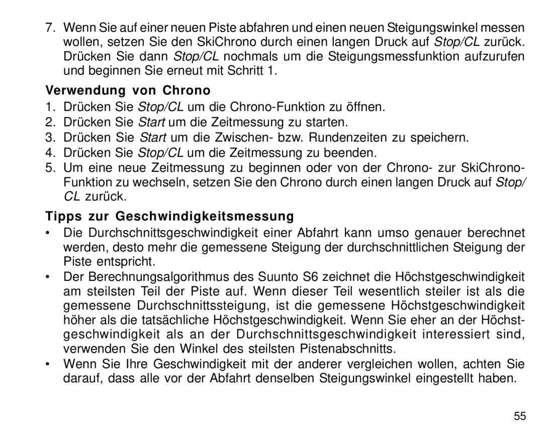 Suunto S6 manual Verwendung von Chrono, Tipps zur Geschwindigkeitsmessung 