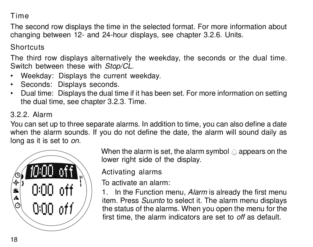 Suunto S6 manual Time, Shortcuts, Alarm, Activating alarms 