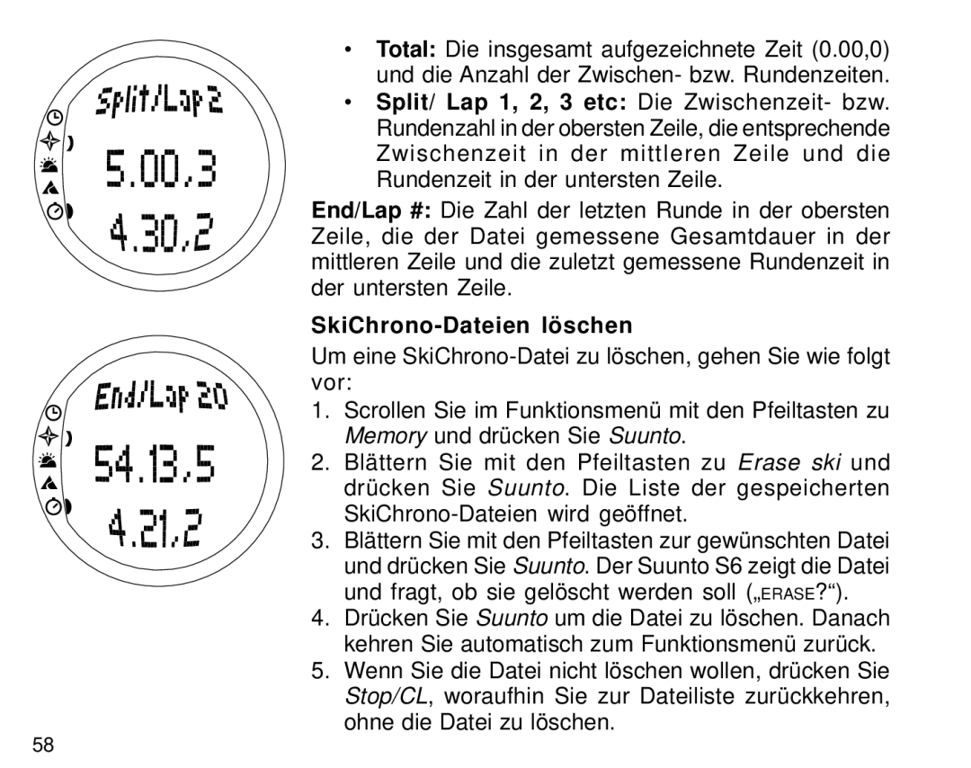 Suunto S6 manual SkiChrono-Dateien löschen 