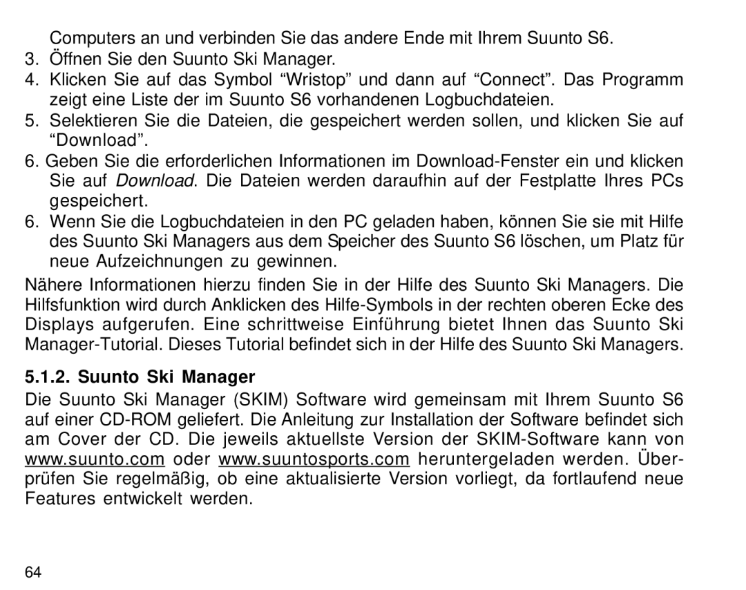 Suunto S6 manual Suunto Ski Manager 