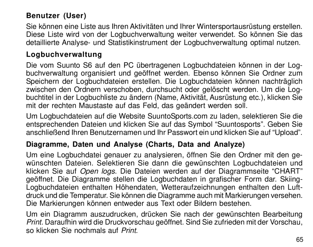 Suunto S6 manual Benutzer User, Logbuchverwaltung, Diagramme, Daten und Analyse Charts, Data and Analyze 