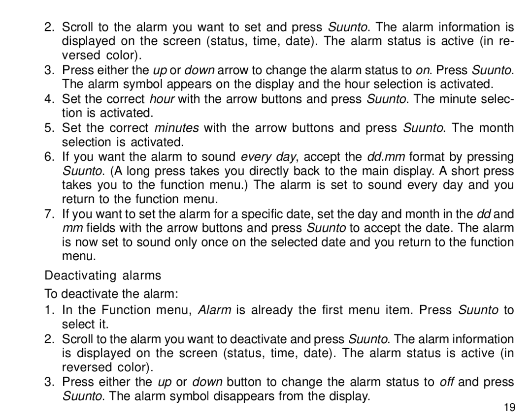 Suunto S6 manual Deactivating alarms 