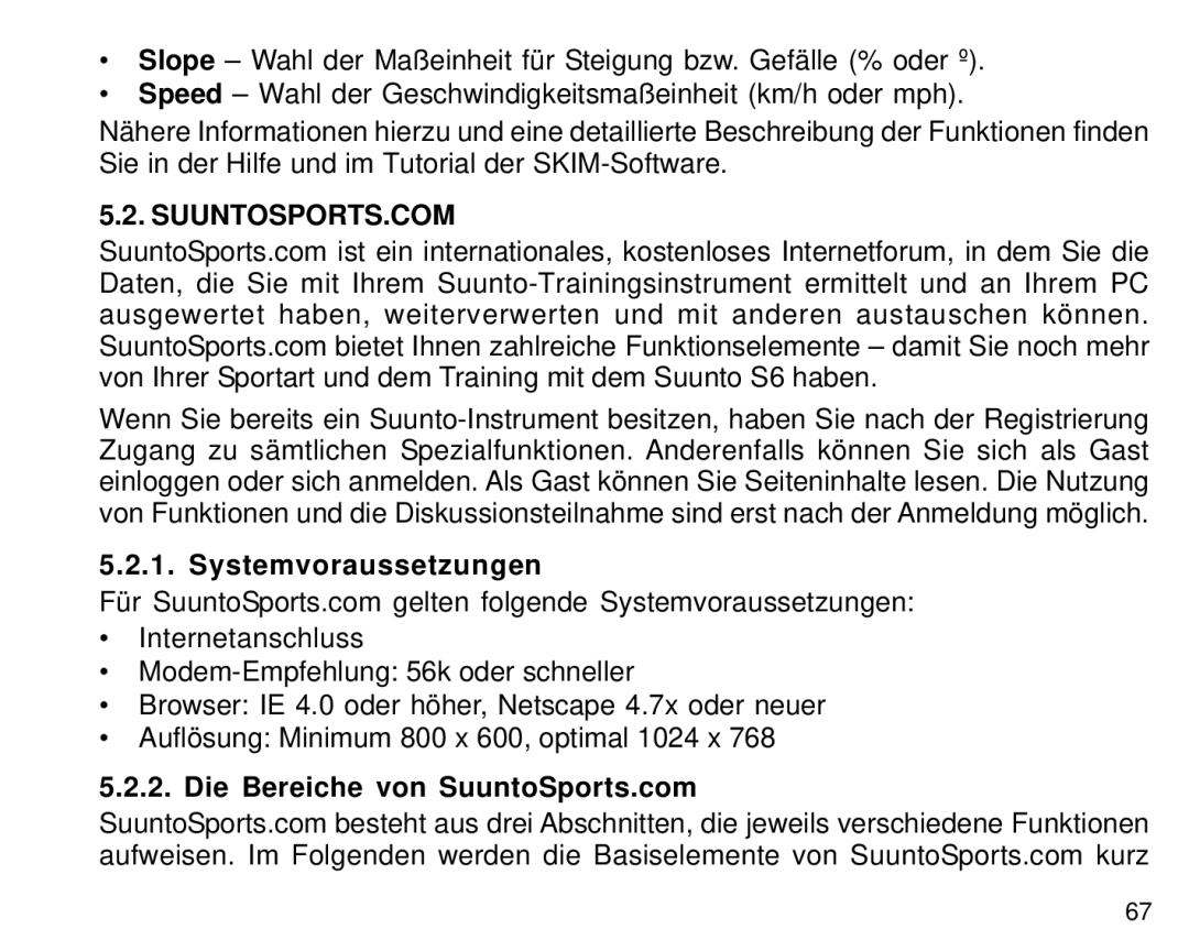 Suunto S6 manual Systemvoraussetzungen, Die Bereiche von SuuntoSports.com 