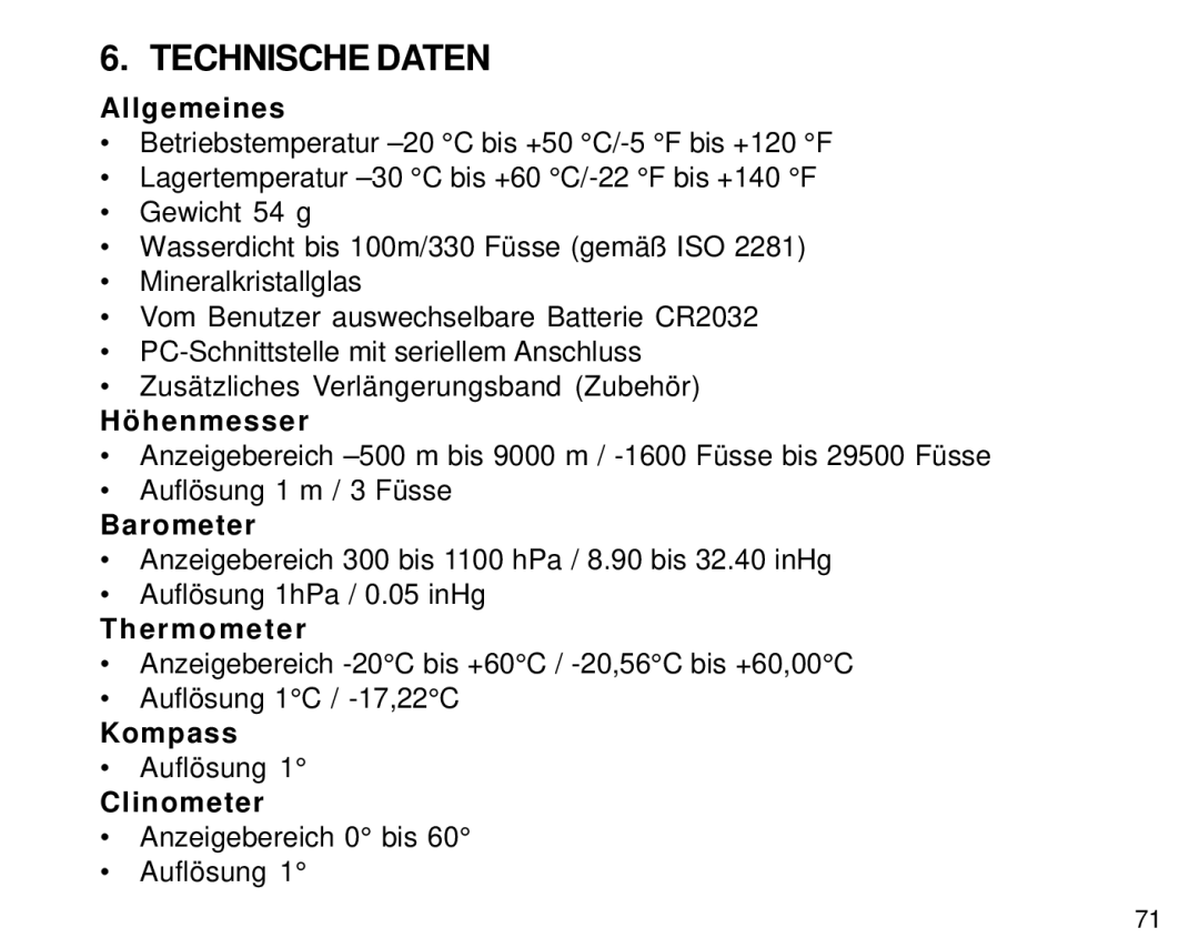 Suunto S6 manual Technische Daten, Allgemeines, Höhenmesser 