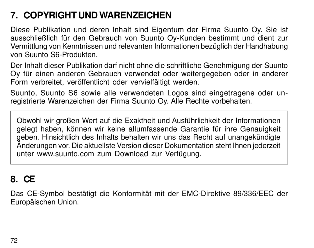 Suunto S6 manual Copyright UND Warenzeichen 