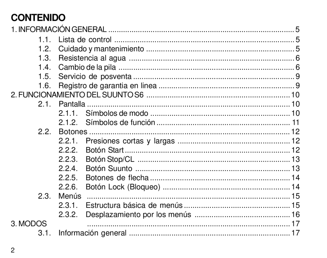 Suunto S6 manual Contenido, Modos 