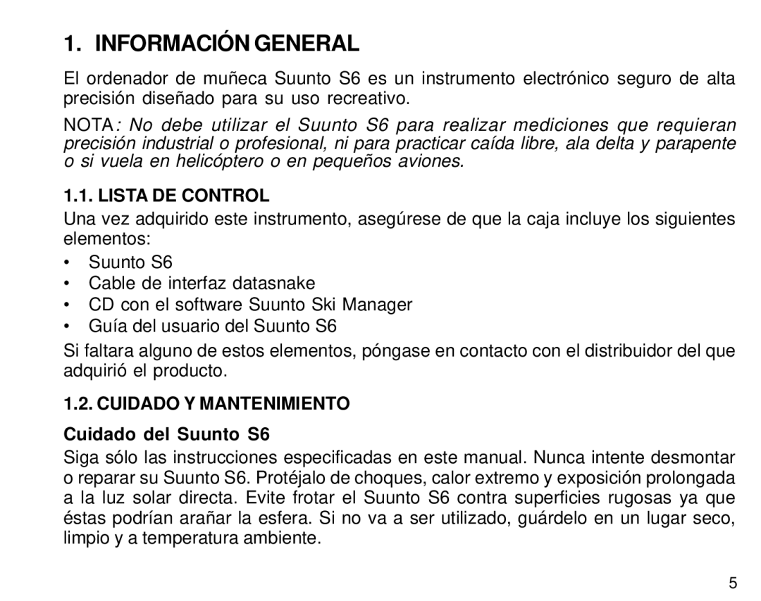 Suunto manual Información General, Lista DE Control, Cuidado Y Mantenimiento, Cuidado del Suunto S6 