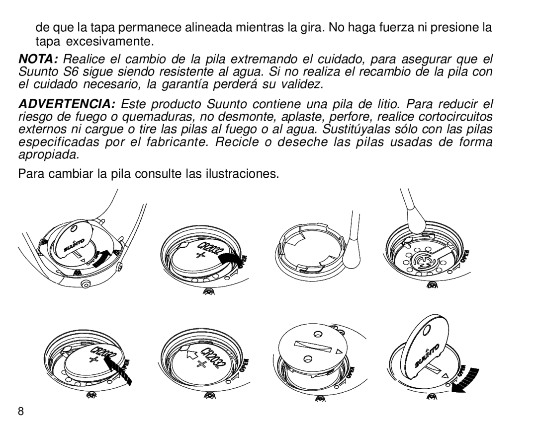 Suunto S6 manual Para cambiar la pila consulte las ilustraciones 