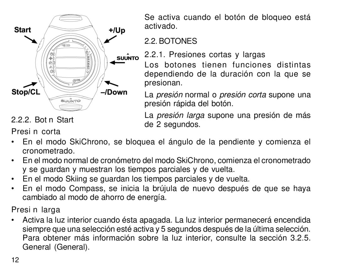 Suunto S6 manual Botón Start Presión corta, Botones, Presiones cortas y largas, Presión larga 