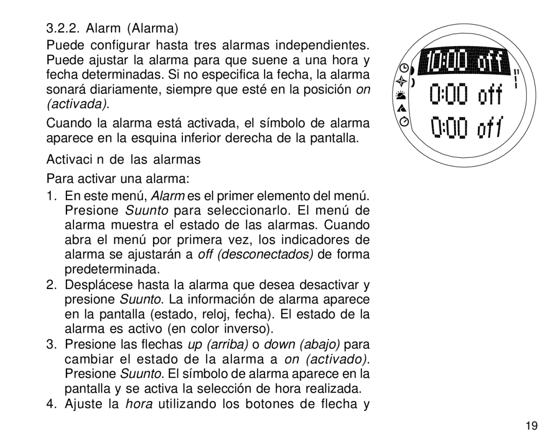 Suunto S6 manual Alarm Alarma, Activación de las alarmas 