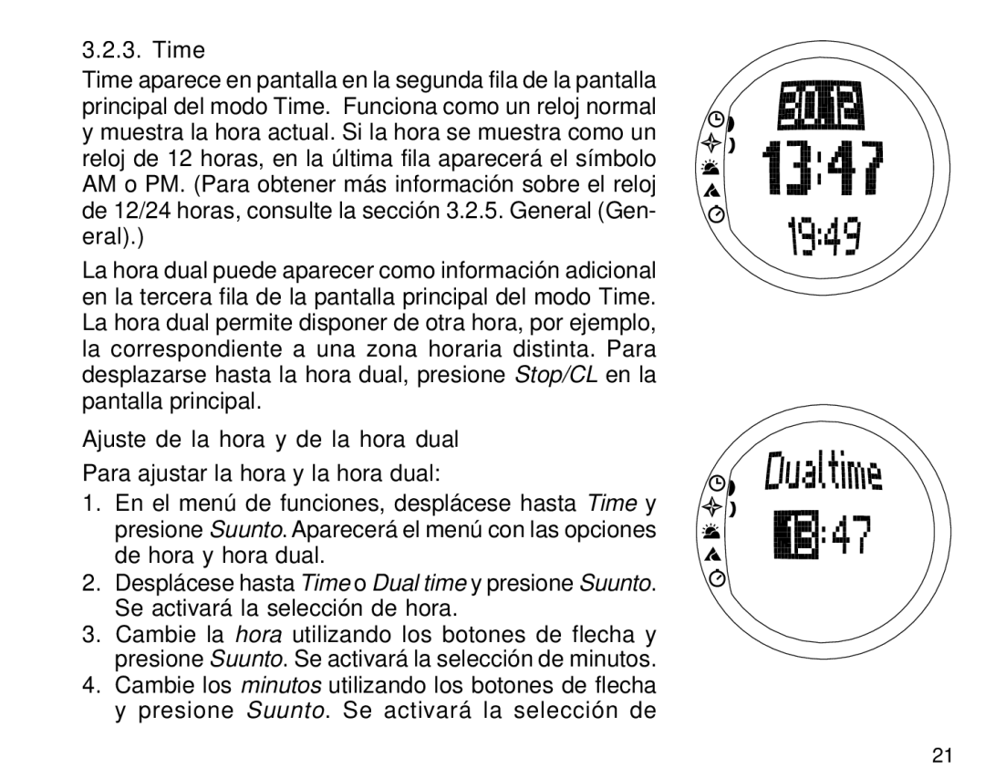 Suunto S6 manual Time, Ajuste de la hora y de la hora dual 