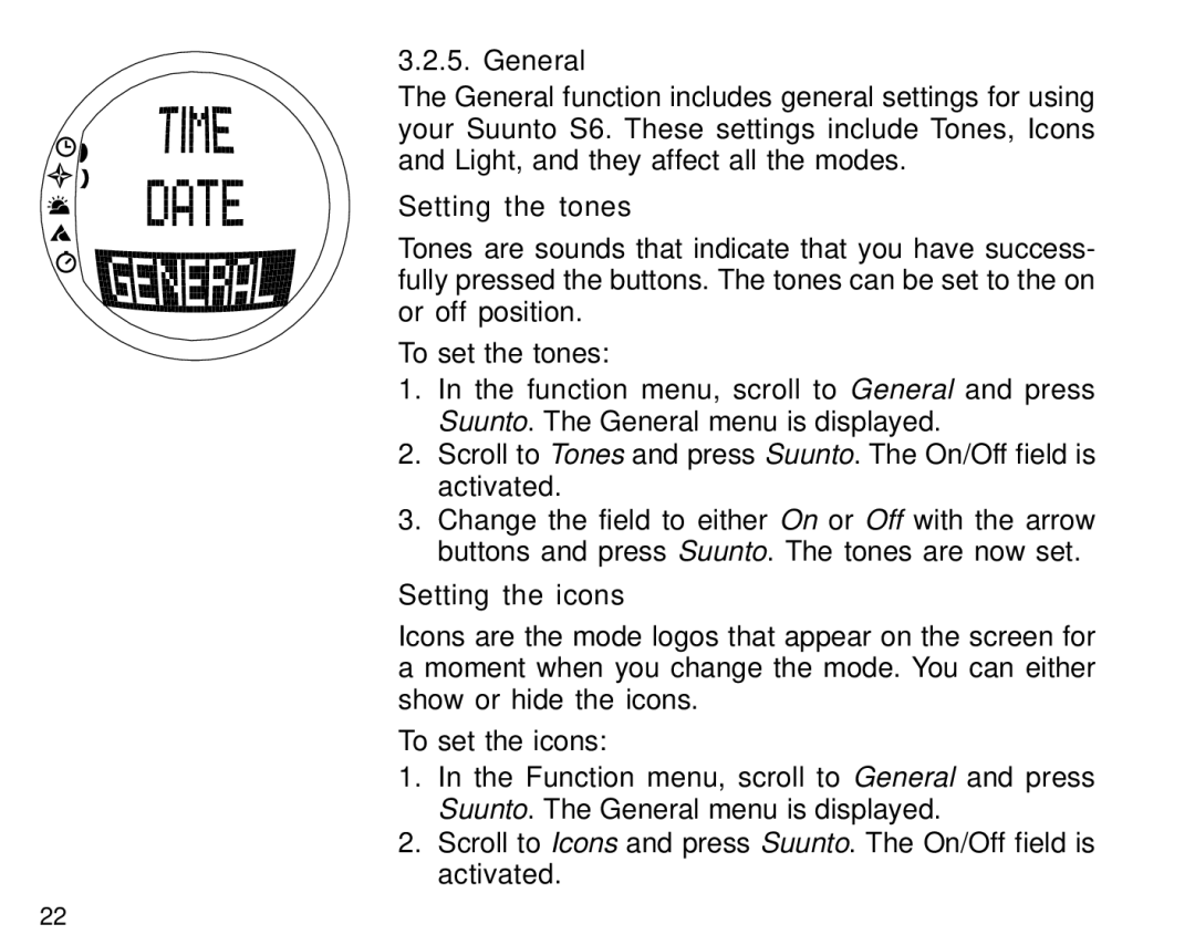 Suunto S6 manual General, Setting the tones, Setting the icons 