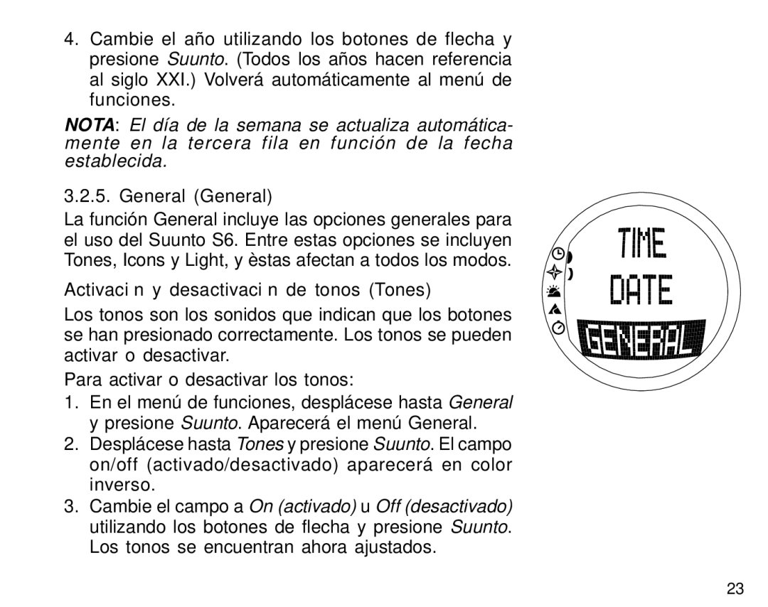 Suunto S6 manual General General, Activación y desactivación de tonos Tones 