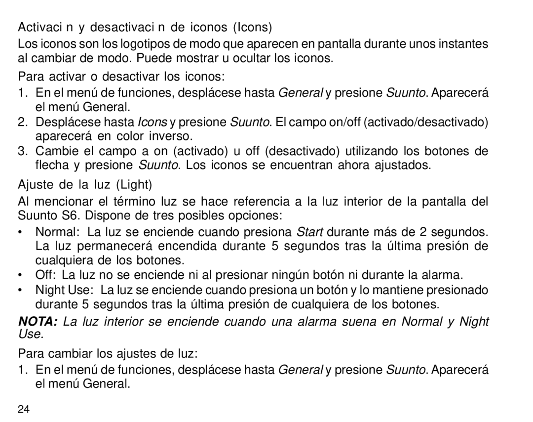 Suunto S6 manual Activación y desactivación de iconos Icons, Ajuste de la luz Light 